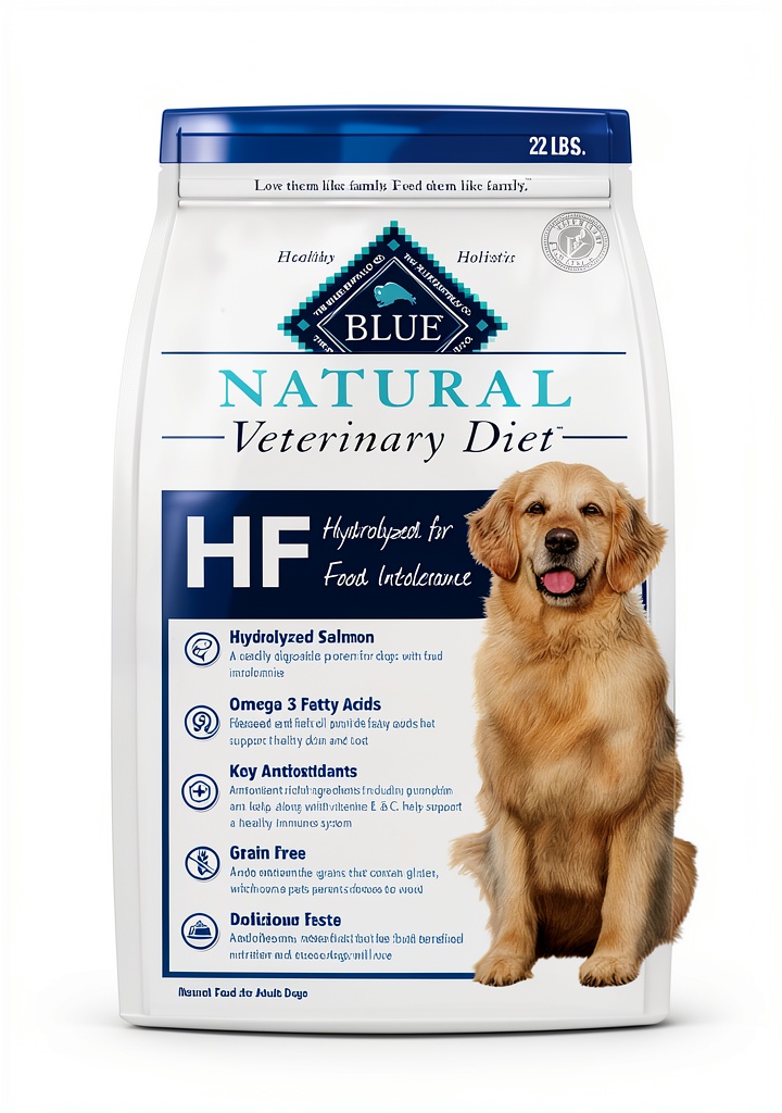 'BLUE Natural Veterinary Diet HF Hydrolyzed dog food bag on a kitchen counter'