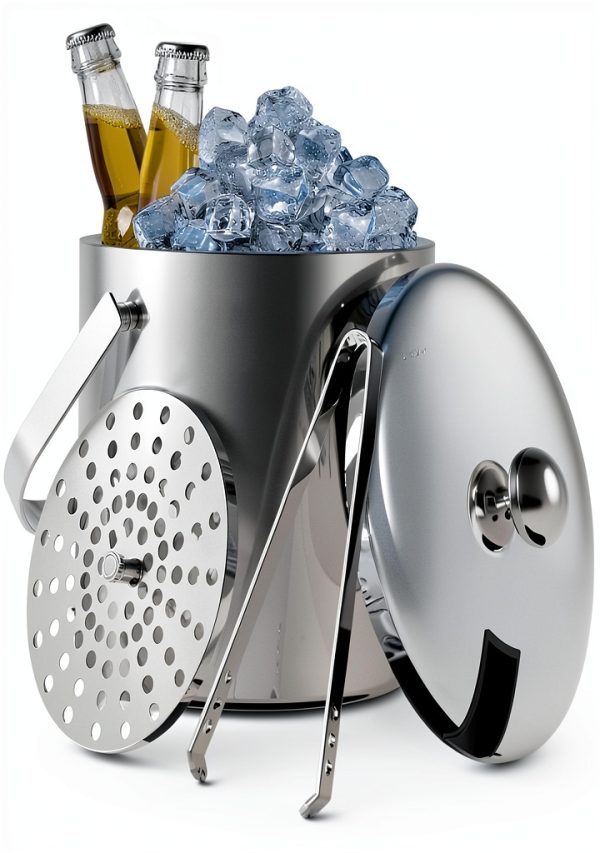 Sunmeyke Double Wall Steel Ice Bucket 3.7 Qt with Lid Strainer & Tongs-0