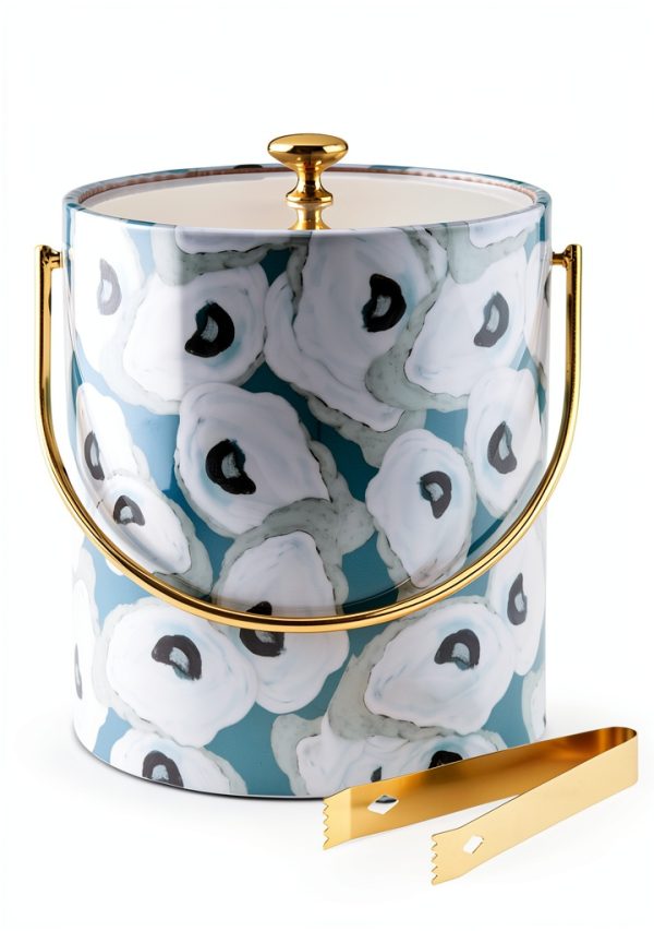 Mud Pie Oyster Vinyl Ice Bucket 8in x 7in with Tongs 2-Piece Set-0