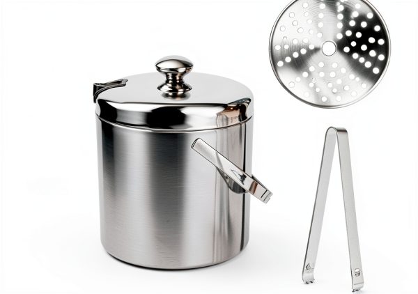 Sunmeyke Double Wall Steel Ice Bucket 3.7 Qt with Lid Strainer & Tongs-5