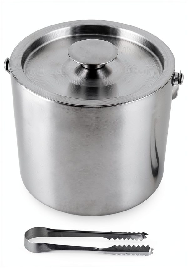 Ice Bucket QWORK 3L 304 Stainless Steel Double Wall with Lid and Tongs-5