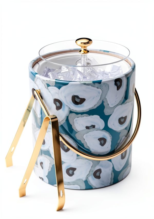 Mud Pie Oyster Vinyl Ice Bucket 8in x 7in with Tongs 2-Piece Set-1