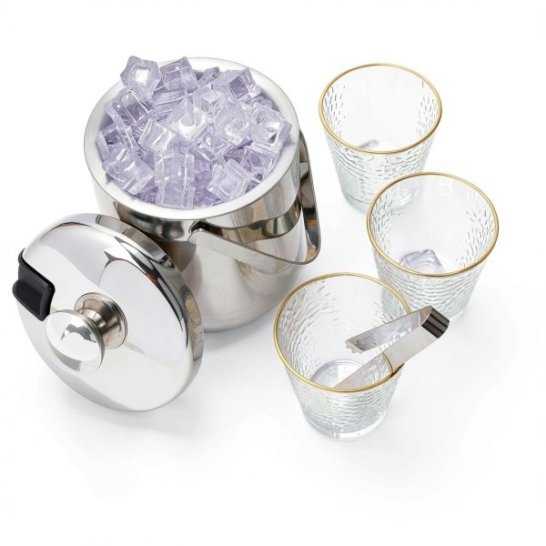 Sunmeyke Double Wall Steel Ice Bucket 3.7 Qt with Lid Strainer & Tongs-4