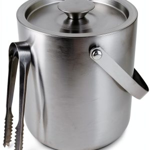 Ice Bucket QWORK 3L 304 Stainless Steel Double Wall with Lid and Tongs-0