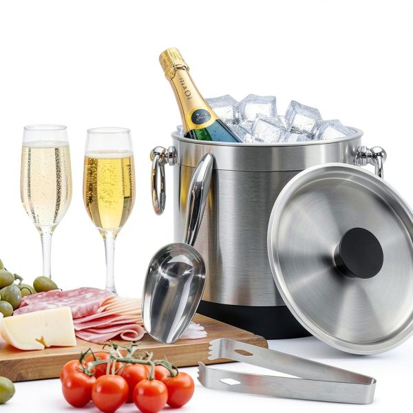 Double-Wall Stainless Steel Insulated Ice Bucket With Lid & Ice Tong [3 Liter] Included Strainer Keeps Ice Cold & Dry, Home Bar, Chilling Beer, Champagne, Wine Bottle-3