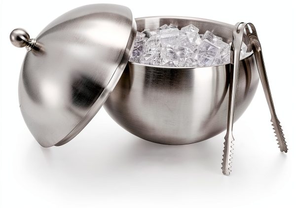 Yesland Ice Bucket with Lid, Double Insulation Ice Box Container Storage Box, 2 L Stainless Steel Ice Bucket Container with Ice Tong Scooper, Spherical Wine Champagne Barrel for Home Party Bar-0
