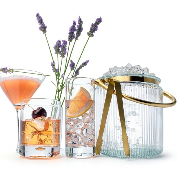 Le'raze Glass Ice Bucket with Airtight Lid, Tong Scooper and Handle - 3L Ribbed Beverage Tub Cocktail Home Bar Accessories, Wine, Beer Chiller for Parties, Champagne Drink Cooler Hinged Handles-3