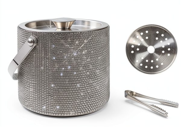 Bling Double Walled Stainless Steel Ice Bucket with Ice Tong & Lid [2 Liter] ，Shiny Insulated Ice Bucket Included Strainer Keeps Ice Cold & Dry, for Home Bar, Chilling Beer, Champagne, Red Wine-1