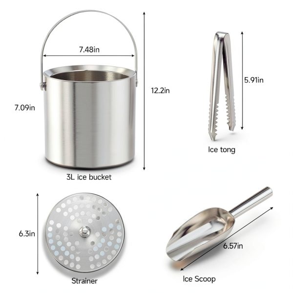 Ice Bucket YFN 3L Double Wall Steel with Lid Ice Tong & Scoop-7