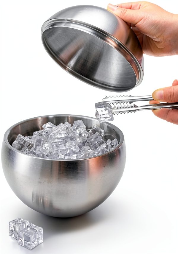 Yesland Ice Bucket with Lid, Double Insulation Ice Box Container Storage Box, 2 L Stainless Steel Ice Bucket Container with Ice Tong Scooper, Spherical Wine Champagne Barrel for Home Party Bar-3