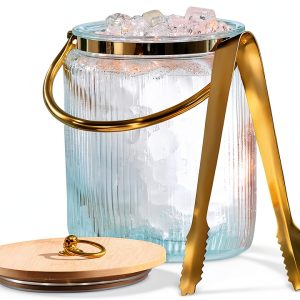 Le'raze Glass Ice Bucket with Airtight Lid, Tong Scooper and Handle - 3L Ribbed Beverage Tub Cocktail Home Bar Accessories, Wine, Beer Chiller for Parties, Champagne Drink Cooler Hinged Handles-0