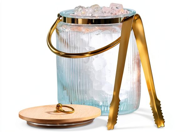 Le'raze Glass Ice Bucket with Airtight Lid, Tong Scooper and Handle - 3L Ribbed Beverage Tub Cocktail Home Bar Accessories, Wine, Beer Chiller for Parties, Champagne Drink Cooler Hinged Handles-0