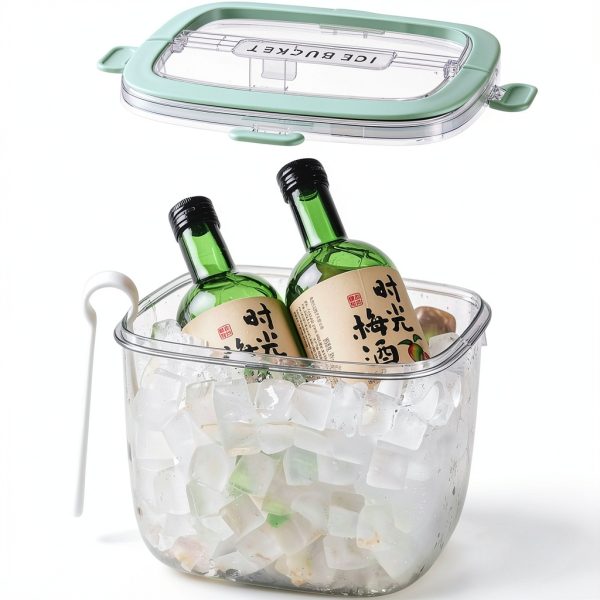 Portable Ice Bucket with Lid & Tong for Outdoor Camping, Clear Plastic Storage Bin for Freezer, Refrigerator, Whiskey, Wine, Cocktail Party, Big Cube Mold Tray for Ice Bath-0
