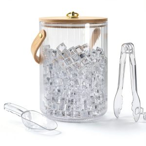 NiHome 3L Glass Ice Bucket Chiller with Bamboo Lid, Scoop & Tongs for Home Bar, Wedding, Party, Ribbed Clear Design, Sturdy Handle, Non-Slip Base, Airtight Storage for Wine, Champagne, Beer, Cocktails-0