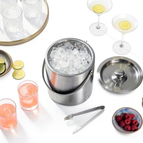 FineDine Double-Wall Stainless Steel Insulated Ice Bucket with Lid & Ice Tong [3 Liter] Included Strainer Keeps Ice Cold & Dry, Carry Leather Handle, Home Bar, Chilling Beer, Champagne, Wine Bottle-1