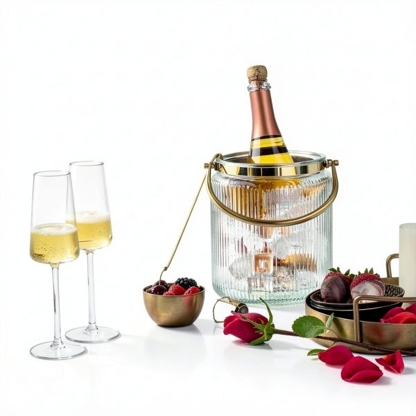 Le'raze Glass Ice Bucket with Airtight Lid, Tong Scooper and Handle - 3L Ribbed Beverage Tub Cocktail Home Bar Accessories, Wine, Beer Chiller for Parties, Champagne Drink Cooler Hinged Handles-4