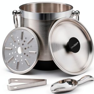 Double-Wall Stainless Steel Insulated Ice Bucket With Lid & Ice Tong [3 Liter] Included Strainer Keeps Ice Cold & Dry, Home Bar, Chilling Beer, Champagne, Wine Bottle-0