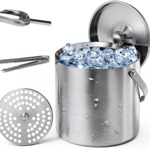 Ice Bucket YFN 3L Double Wall Steel with Lid Ice Tong & Scoop-0
