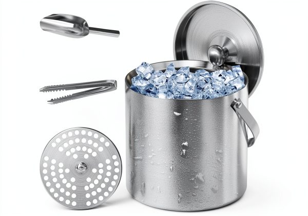 Ice Bucket YFN 3L Double Wall Steel with Lid Ice Tong & Scoop-0