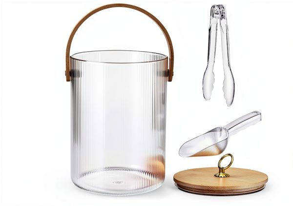 NiHome 3L Glass Ice Bucket Chiller with Bamboo Lid, Scoop & Tongs for Home Bar, Wedding, Party, Ribbed Clear Design, Sturdy Handle, Non-Slip Base, Airtight Storage for Wine, Champagne, Beer, Cocktails-5