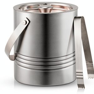 JoyJolt Metal Double Wall Ice Bucket with Lid, Ice Tongs and Strainer. 3L Insulated Ice Bucket for Cocktail Bar, Wine, Home Bar Accessories, Parties, Champagne Bucket. Stainless Steel Ice Buckets-0
