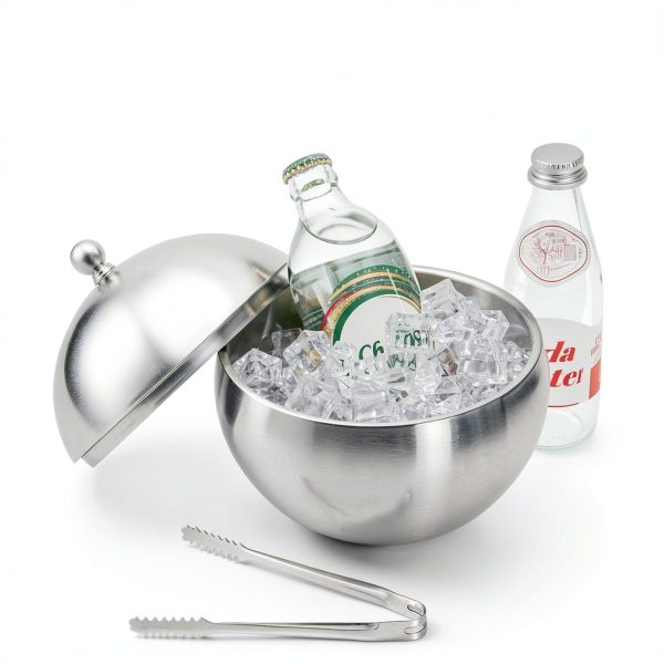Yesland Ice Bucket with Lid, Double Insulation Ice Box Container Storage Box, 2 L Stainless Steel Ice Bucket Container with Ice Tong Scooper, Spherical Wine Champagne Barrel for Home Party Bar-5