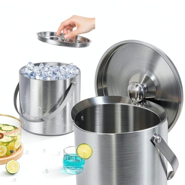 Ice Bucket YFN 3L Double Wall Steel with Lid Ice Tong & Scoop-6