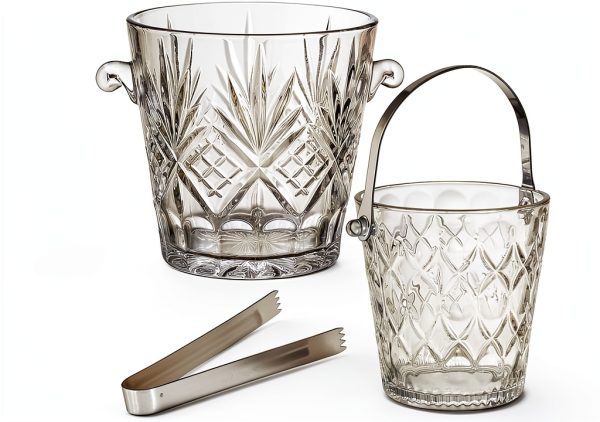 2-Piece Clear Glass Ice Bucket Set with Ice Tongs & Handle - 2.2 Liter and 1Liter Portable Ice Buckets Container for Champagne, Wine, Beer and Cocktail at Parties, Home Bar or Luxury Hotels-0