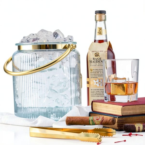 Le'raze Glass Ice Bucket with Airtight Lid, Tong Scooper and Handle - 3L Ribbed Beverage Tub Cocktail Home Bar Accessories, Wine, Beer Chiller for Parties, Champagne Drink Cooler Hinged Handles-5