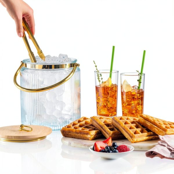 Le'raze Glass Ice Bucket with Airtight Lid, Tong Scooper and Handle - 3L Ribbed Beverage Tub Cocktail Home Bar Accessories, Wine, Beer Chiller for Parties, Champagne Drink Cooler Hinged Handles-1